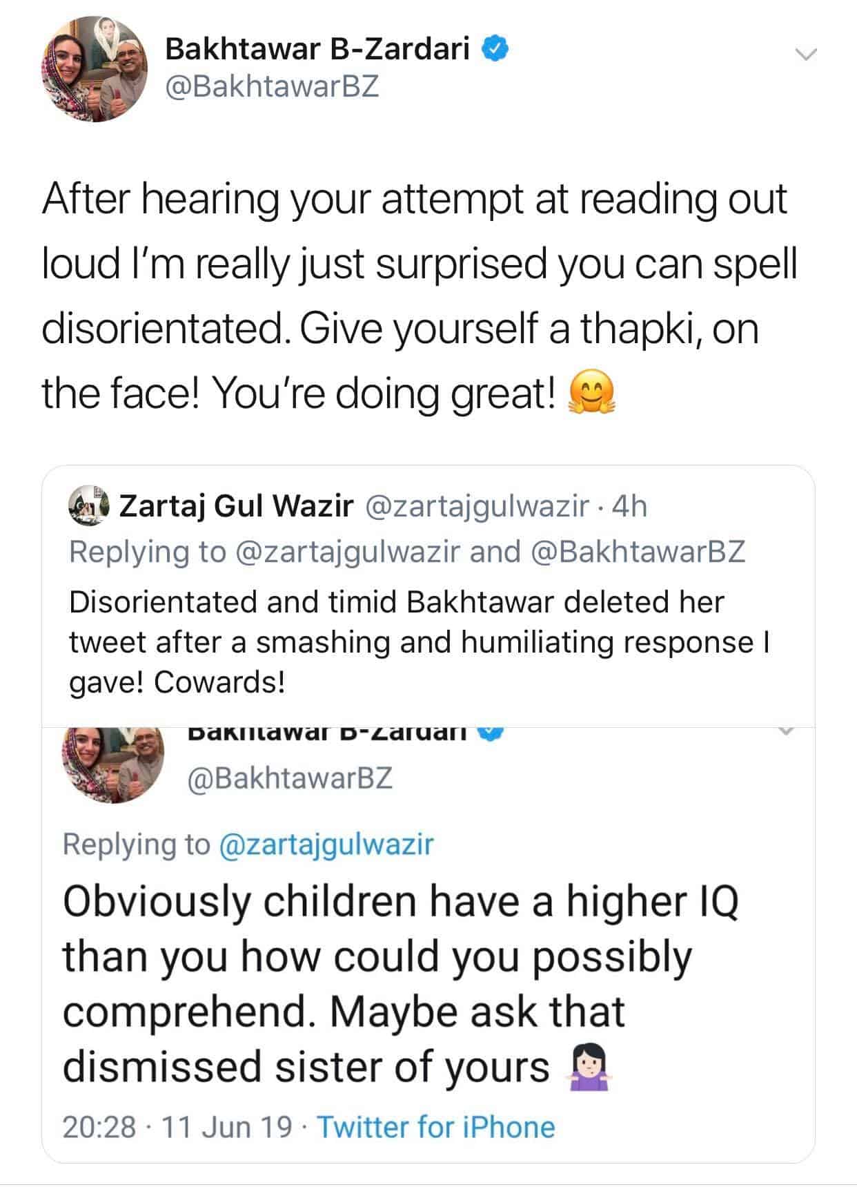 Zartaj Gul and Bakhtawar Bhutto-Zardari fight it out on Twitter