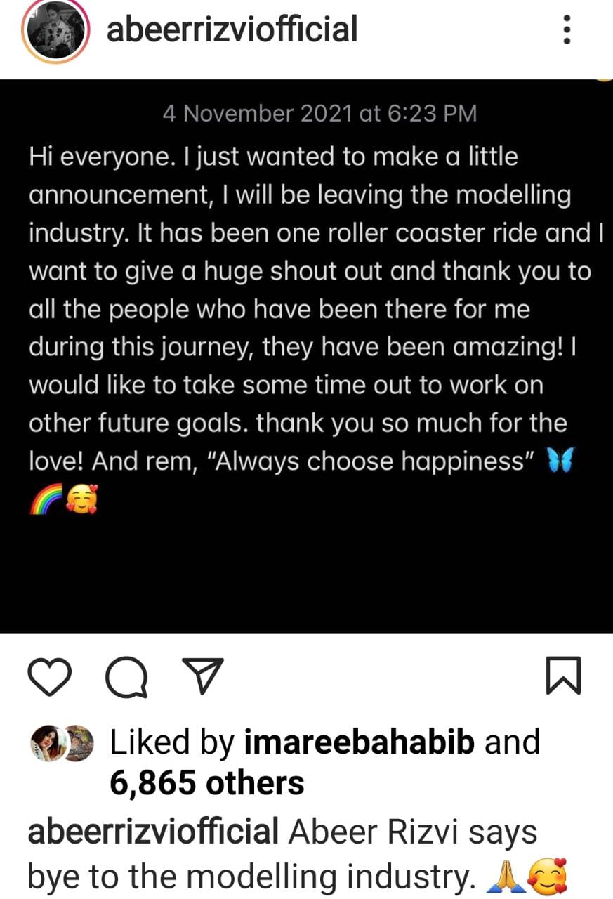 Supermodel Abeer Rizvi quits modelling industry, Minal and Ushna cheer