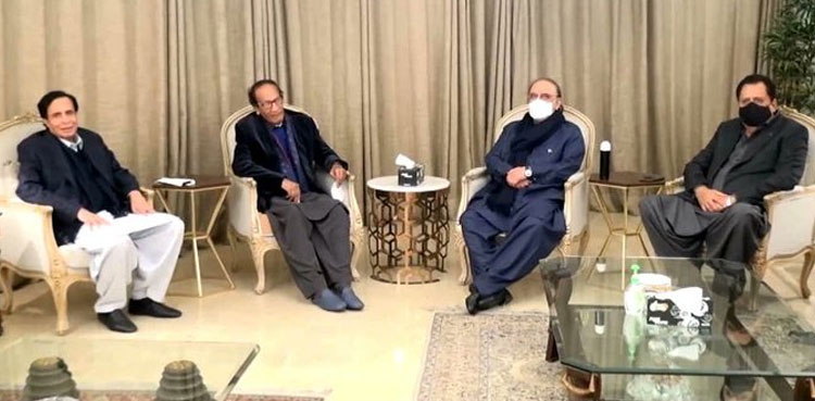 Zardari meets Chaudhry brothers to discuss no-confidence motion