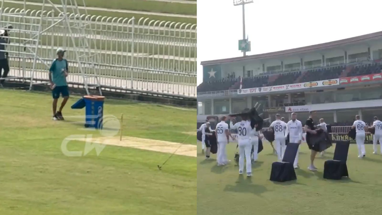 WATCH: English team carrying chairs, Jason Gillespie clearing empty bottles from stadium