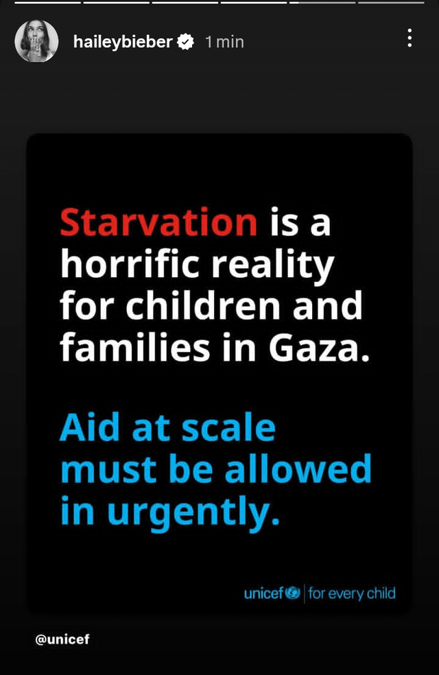 r/Fauxmoi - Hailey Bieber shares a UNICEF post calling for aid to be allowed into Gaza via Instagram Stories.