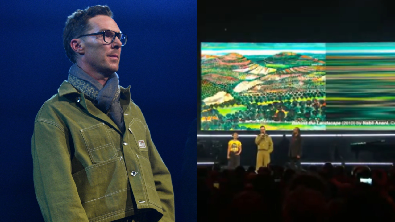 Benedict Cumberbatch recites poem for Palestine at Wembley Arena